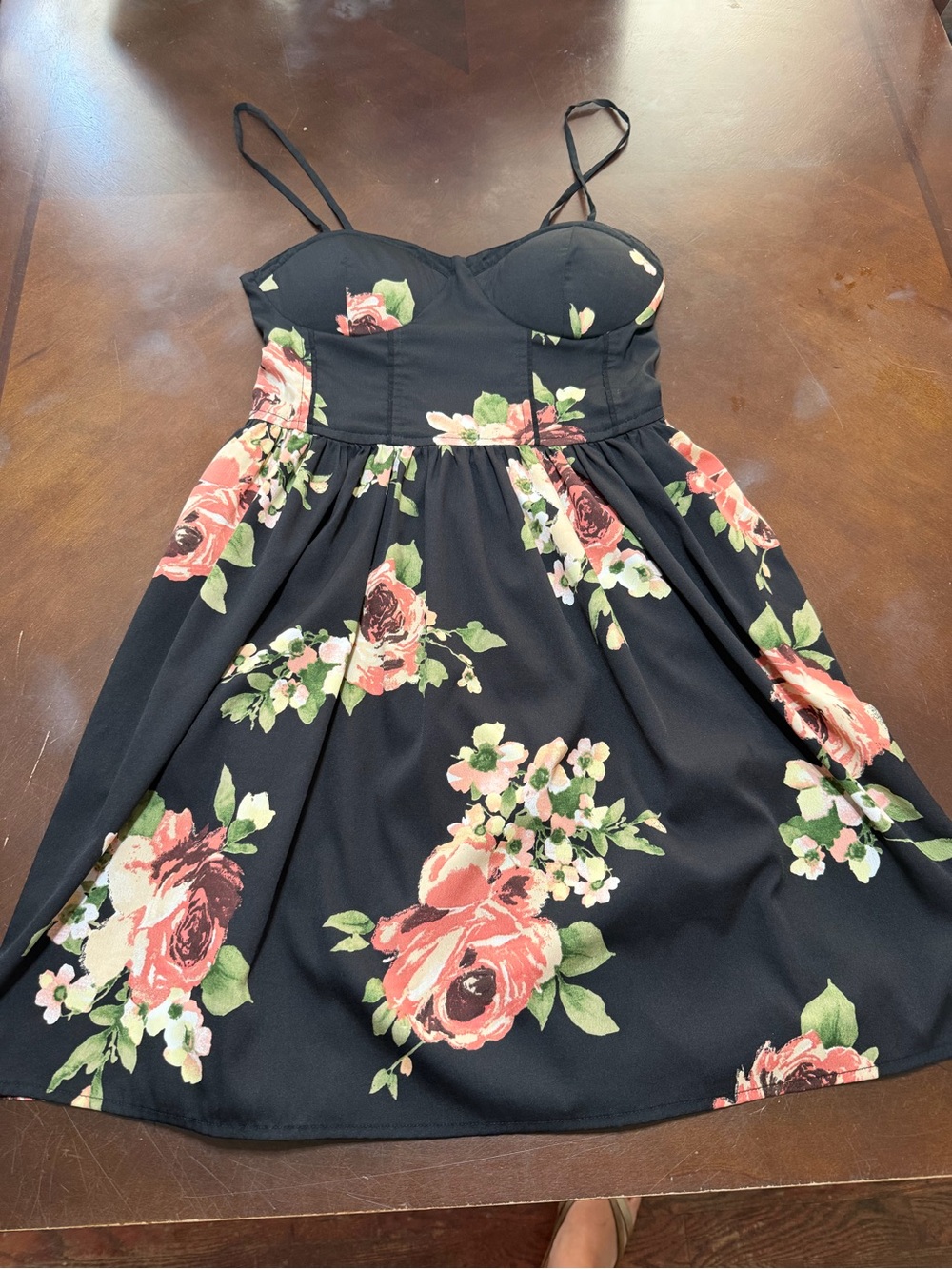 Band of Gypsies Black Mini Dress with Pink Rose Floral Print